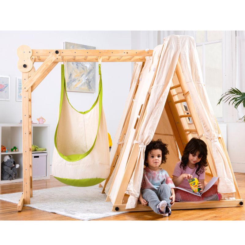 Chestnut Wooden Play Tent Cover with kids playing