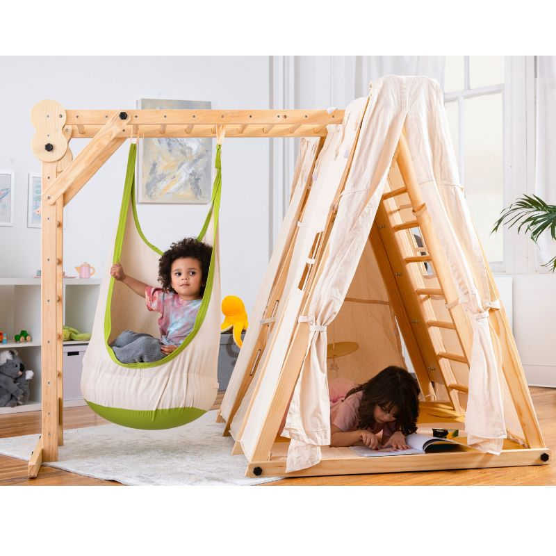 Chestnut Play Tent Covering with kid swinging and reading