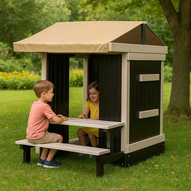 Congo Playhouse with picnic table and kids playing