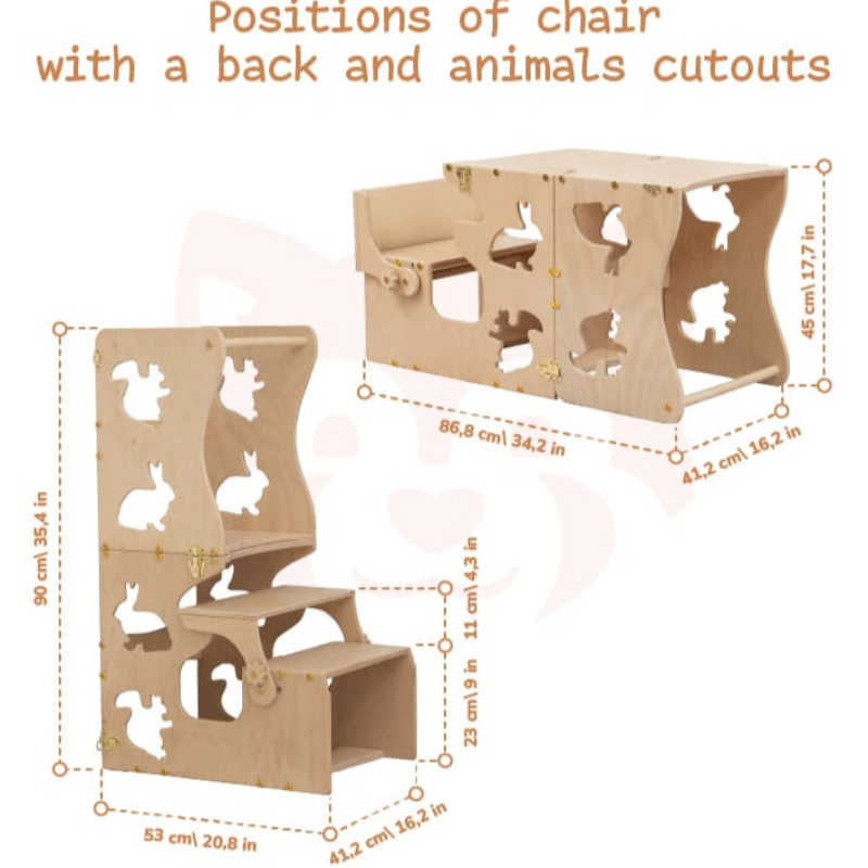 Wood and Hearts Convertible Kitchen Tower with animals dimensions