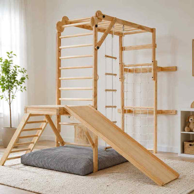 CordaRoy's gray terry corduroy sensory crash pad with Avenlur Walnut indoor climber