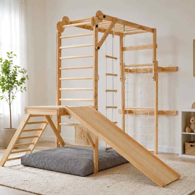 CordaRoy's gray terry corduroy sensory crash pad with Avenlur Walnut indoor climber