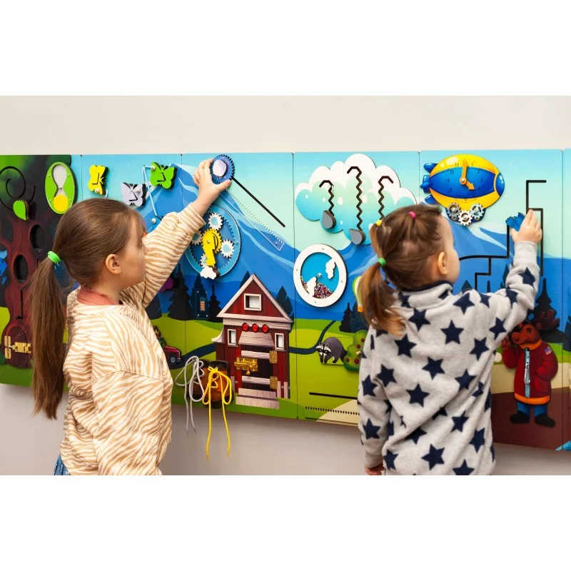 Extra Large Mountain Themed Busy Board sensory wall with kids playing