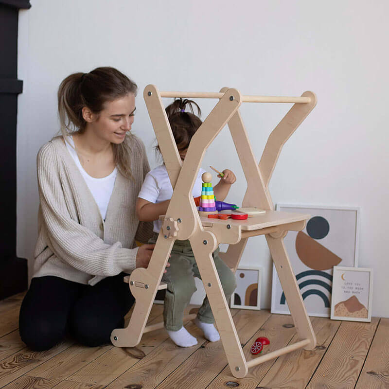 Foldable Kitchen Tower Elevated Play Surface Mother and Kid