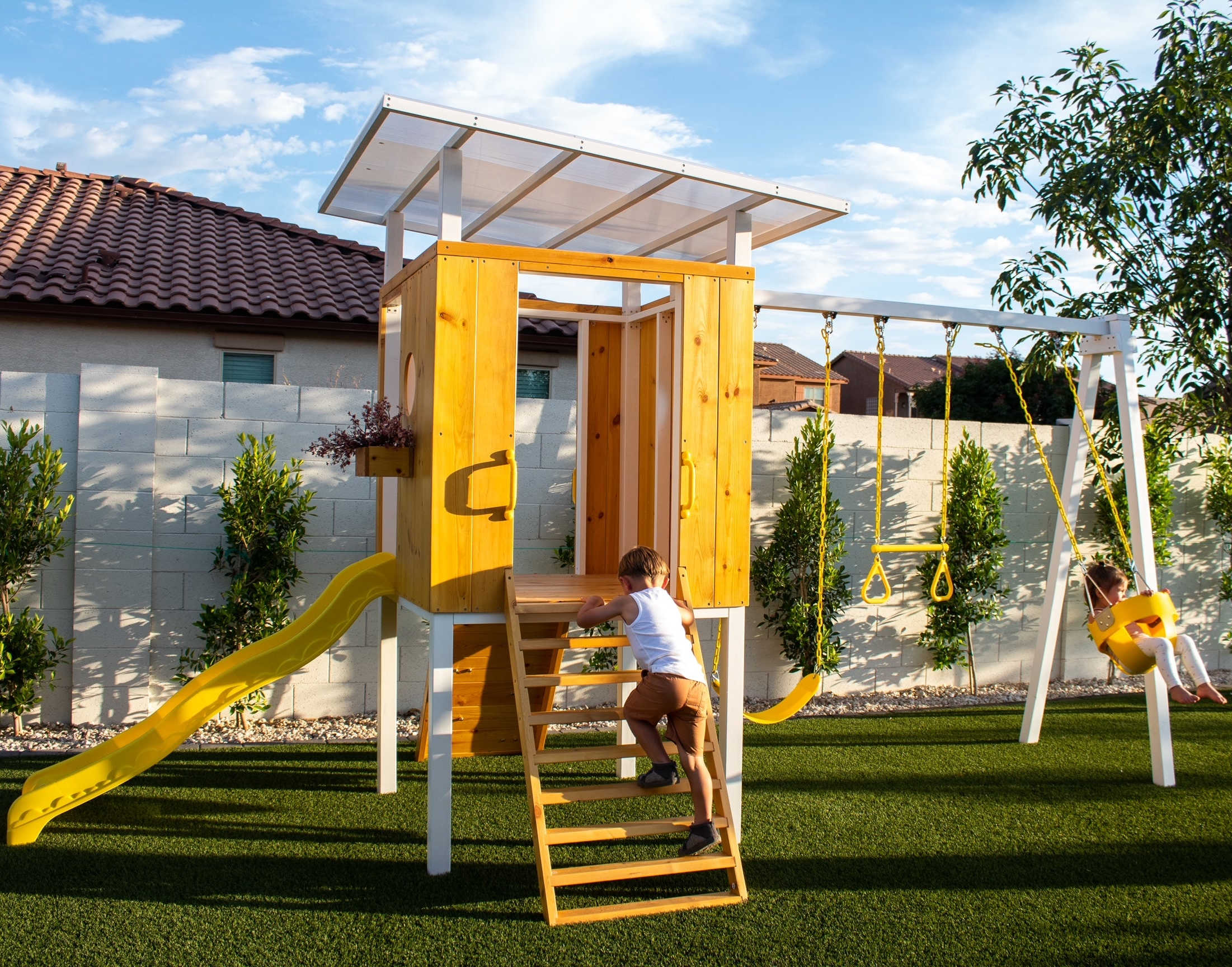 Forest - Modern Backyard Outdoor Swing Set with 2 kids playing