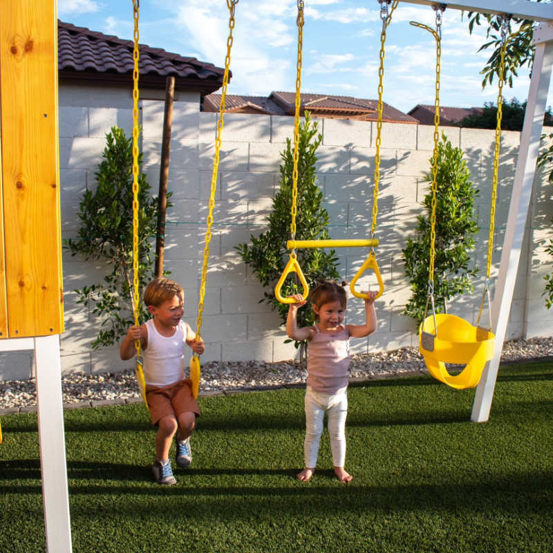 Avenlur Forest Modern Backyard Outdoor Swing Set with kids on the swing