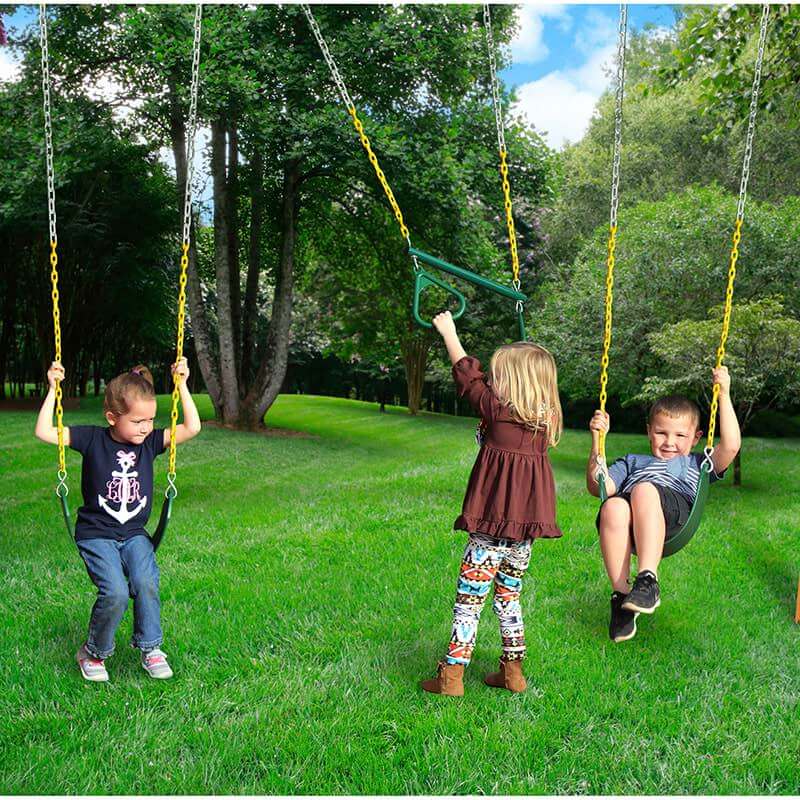 Gorilla Playsets Chateau Standard Wood Roof 3 Kids Playing On A Swing