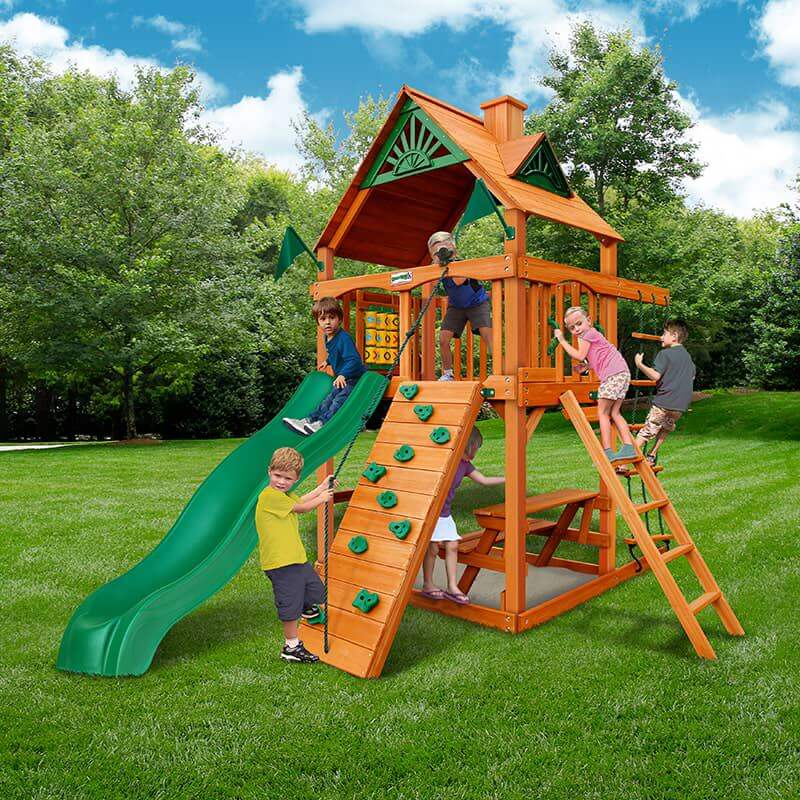 Gorilla Playsets Chateau Tower Outdoor Playset Standard Wood Roof Corner View Outdoor