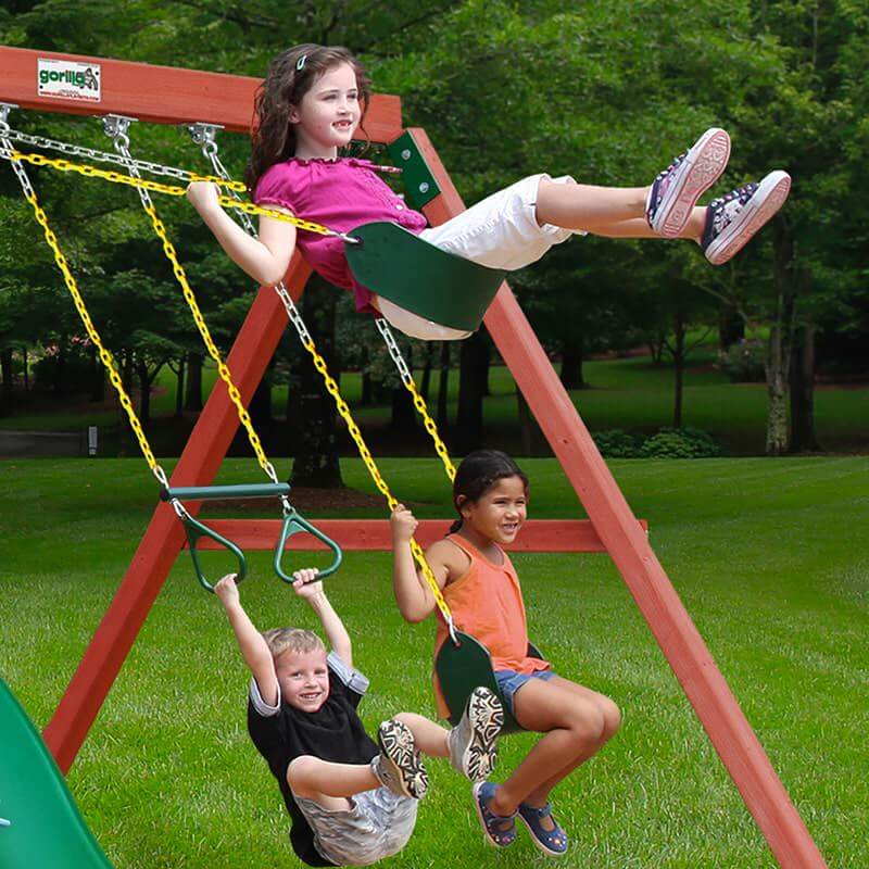 Gorilla Playsets Double Down II Swing Set Shoing Kids Playing With Swing