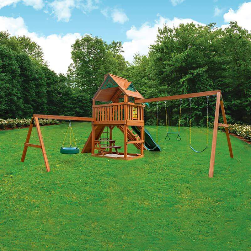 Gorilla Playsets Frontier Swing Set Rear View Standard Wood Roof