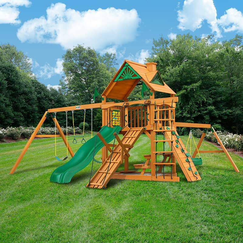 Gorilla Playsets Frontier Swing Set Standard Wood Roof Front VIew Outdoor