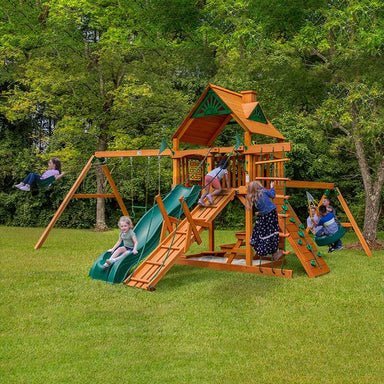 Gorilla Playsets Frontier Swing Set Standard Wood Roof Showing Kids Playing Outdoor