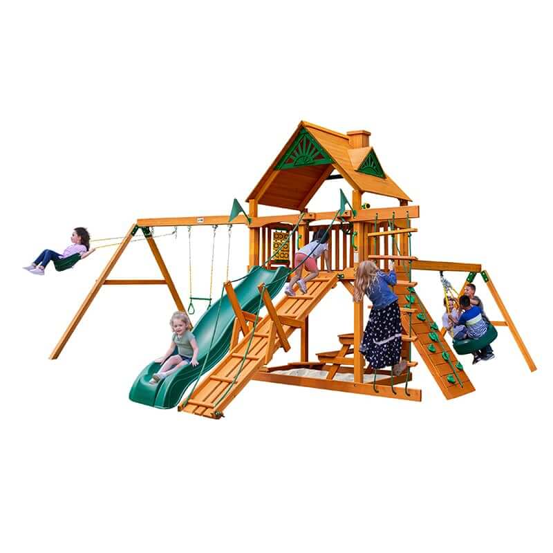 Gorilla Playsets Frontier Swing Set Standard Wood Roof Showing Kids Playing