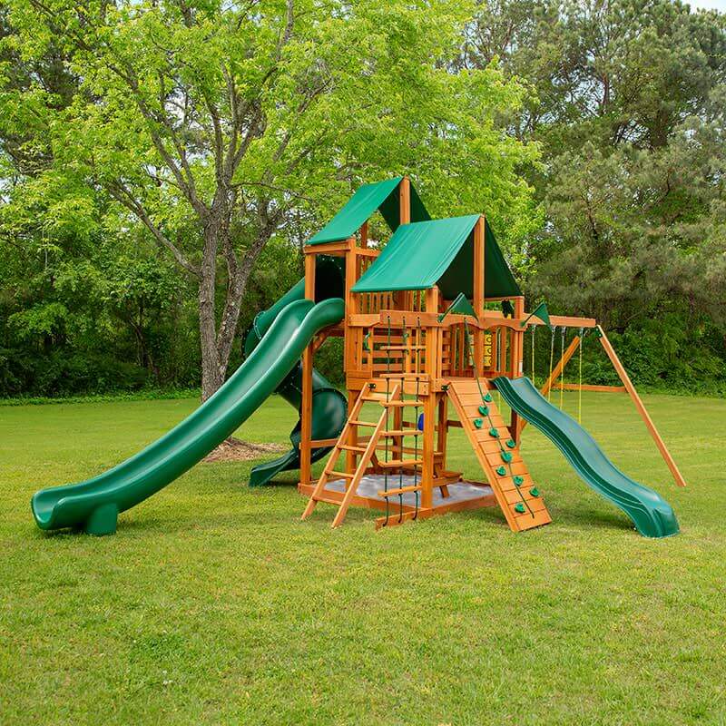 Gorilla Playsets Great Skye II Swing Set Deluxe Green Vinyl Canopy Corner View Outdoor