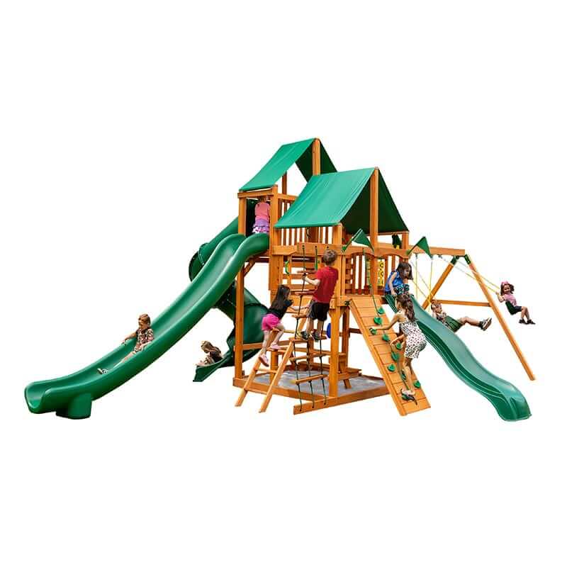 Gorilla Playsets Great Skye II Swing Set Deluxe Green Vinyl Canopy Corner View With Kids