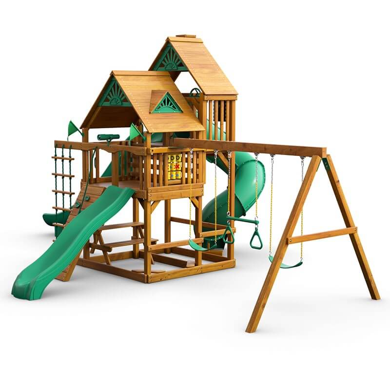 Gorilla Playsets Great Skye II Swing Set Standard Wood  Roof Corner View Facing Left