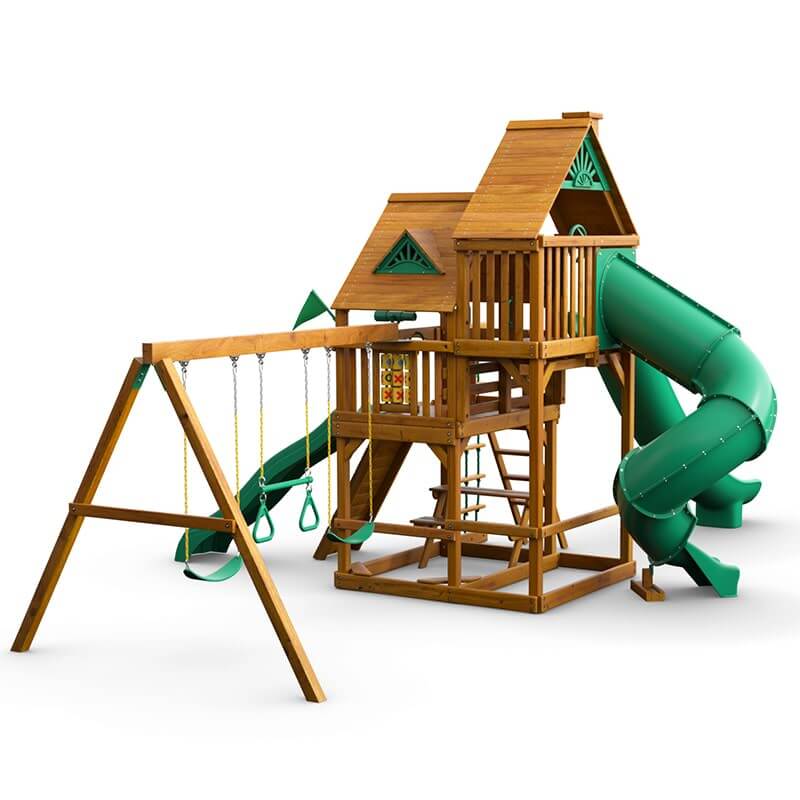 Gorilla Playsets Great Skye II Swing Set Standard Wood Roof Corner View Facing Right