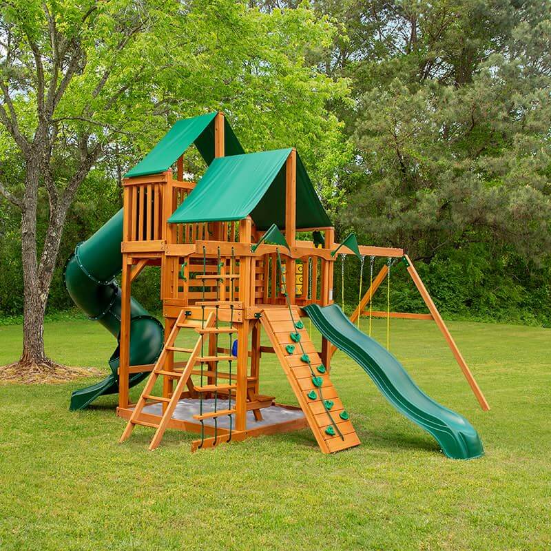 Gorilla Playsets Great Skye I Swing Set Deluxe Green Vinyl Canopy Corner View Outdoor