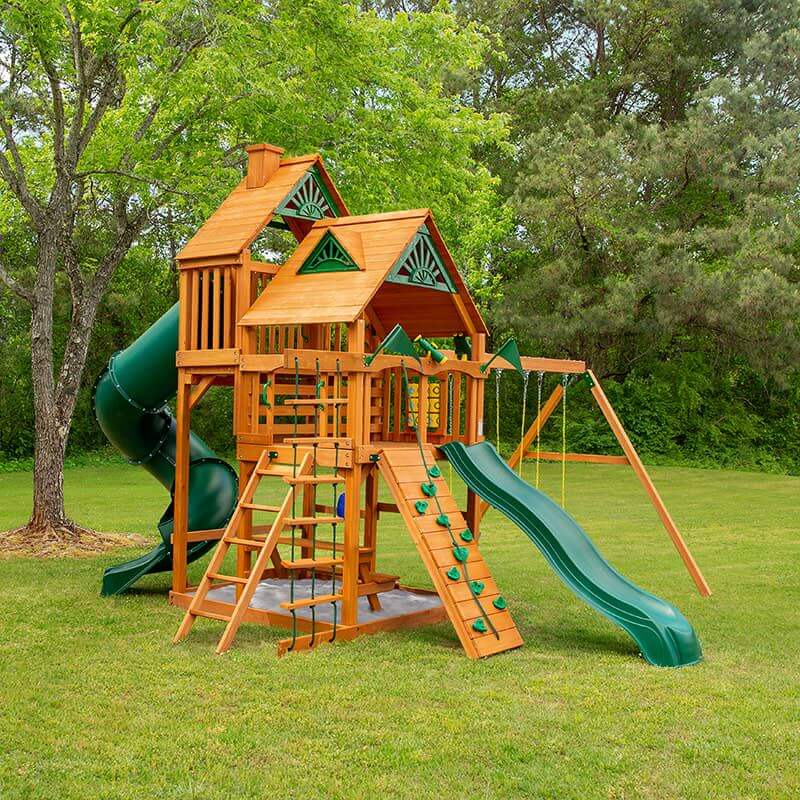 Gorilla Playsets Great Skye I Swing Set Standard Wood Roof Front View Outdoor