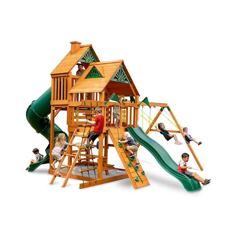 Gorilla Playsets Great Skye I Swing Set Standard Wood Roof Front View With Kids