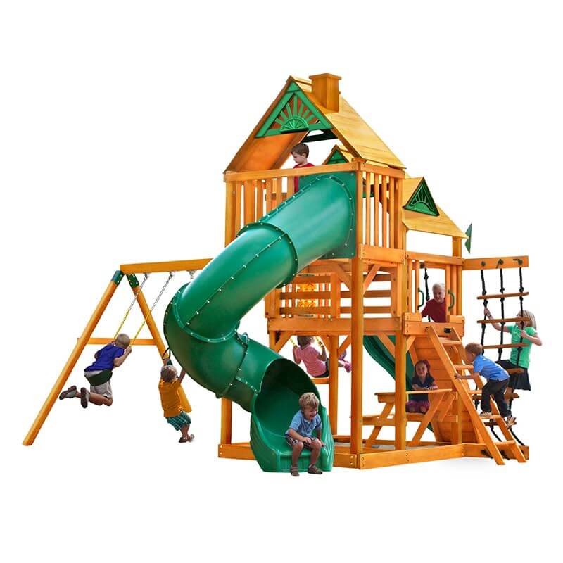 Gorilla Playsets Great Skye I Swing Set Standard Wood Roof Rear View With Kids