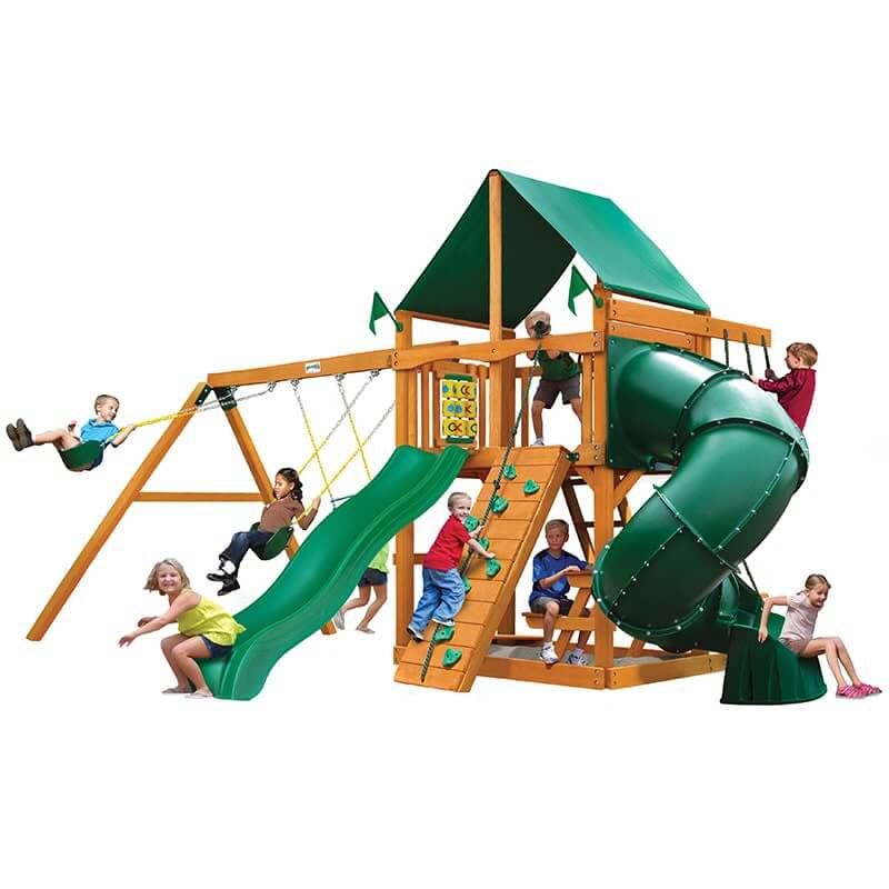 Gorilla Playsets Mountaineer Swing Set Deluxe Green Vinyl Canopy Corner View With Kids