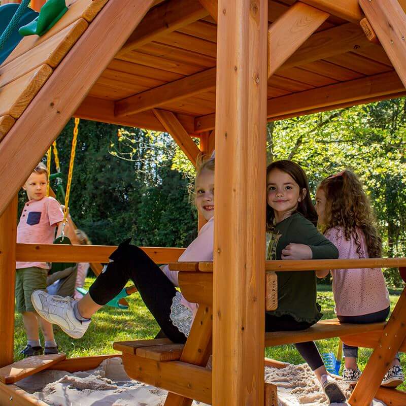 Gorilla Playsets Mountaineer Swing Set Rear View Of Girls On The build In Picnic Table