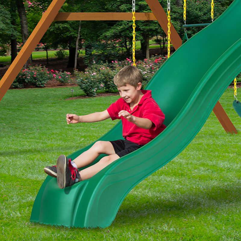 Gorilla Playsets Mountaineer Swing Set Side View Of A Boy Sliding