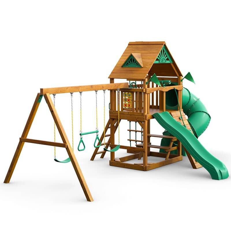 Gorilla Playsets Mountaineer Swing Set Standard Wood Roof Front Right Side View