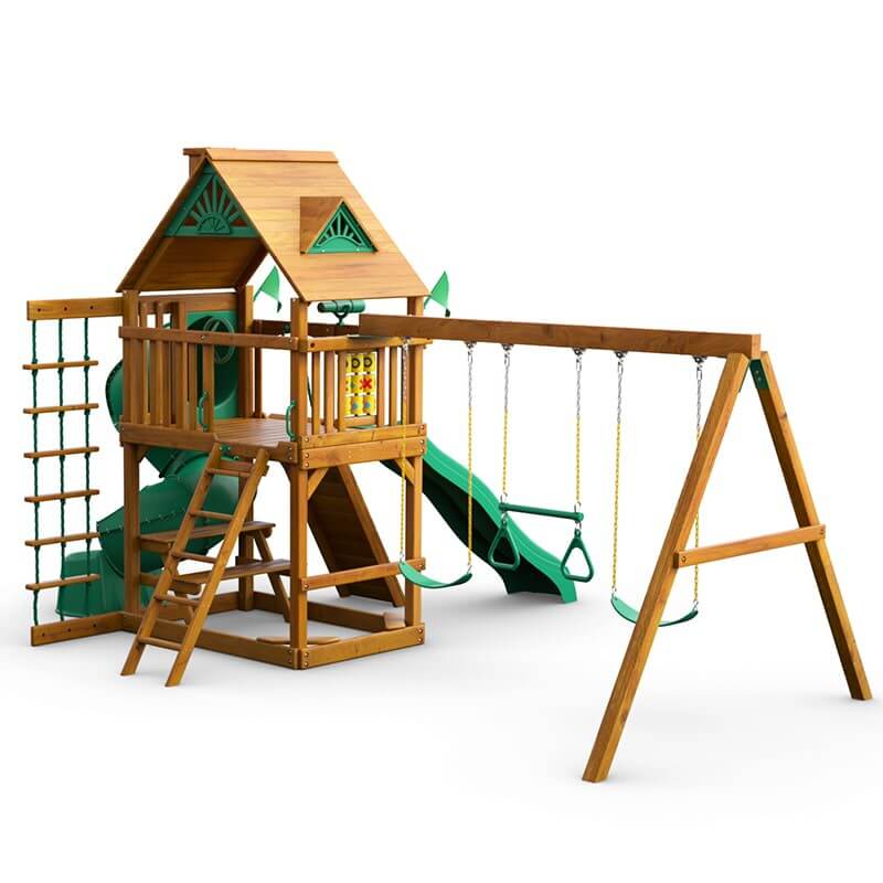 Gorilla Playsets Mountaineer Swing Set Standard Wood Roof Rear right Side View