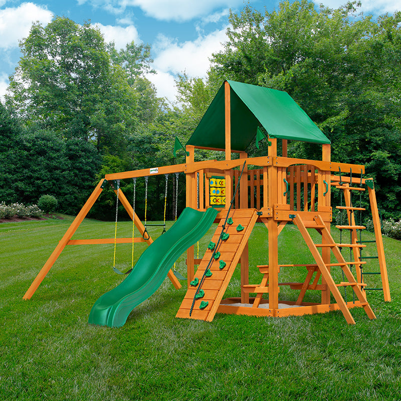 Gorilla Playsets Navigator Swing Set Deluxe Green Vinyl Canopy Corner View Outdoor