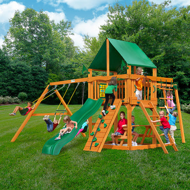 Gorilla Playsets Navigator Swing Set Deluxe Green Vinyl Canopy Corner View With Kids Outdoor