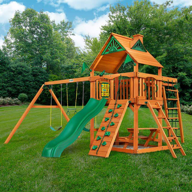 Gorilla Playsets Navigator Swing Set Standard Wood Roof Corner View Outdoor