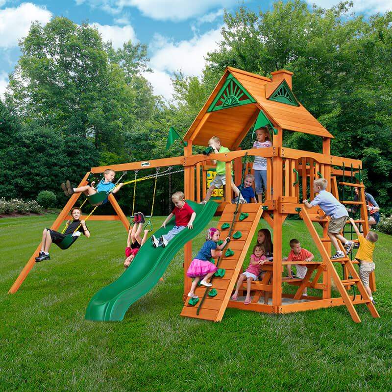 Gorilla Playsets Navigator Swing Set Standard Wood Roof Corner View With Kids Outdoor