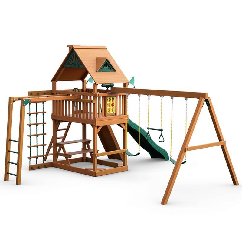 Gorilla Playsets Navigator Swing Set Standard Wood Roof Rear Left Side View