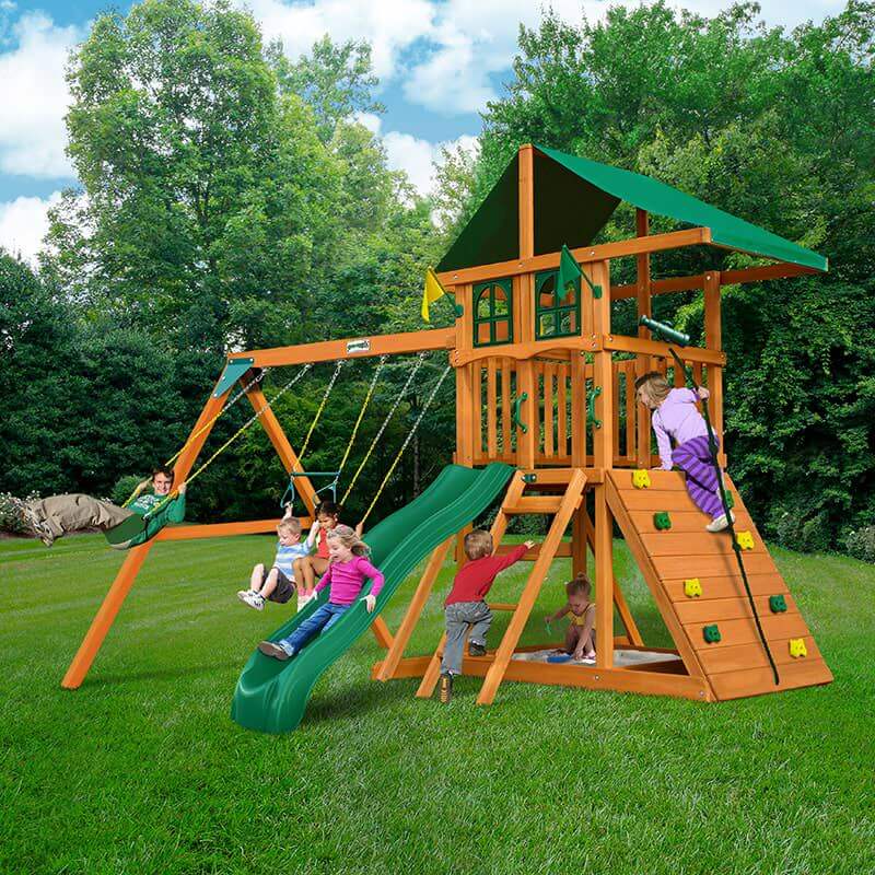 Gorilla Playsets Outing Deluxe Green Vinyl Canopy and Treehouse Corner View With Kids Outdoor-min