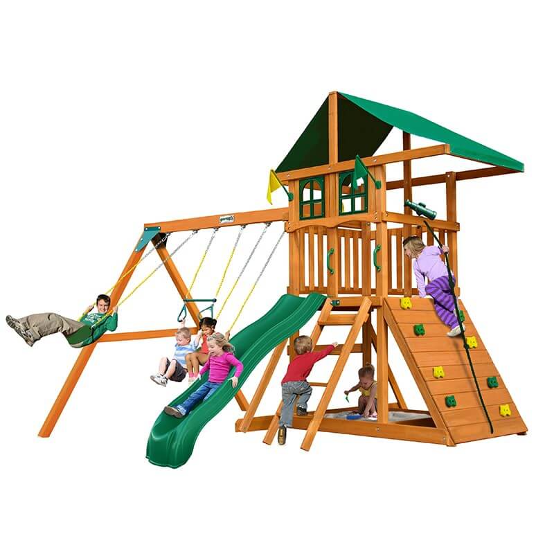 Gorilla Playsets Outing Deluxe Green Vinyl Canopy and Treehouse Corner View With Kids