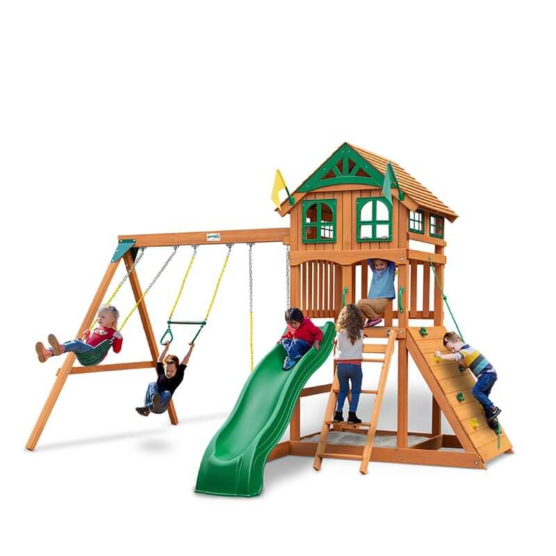 Gorilla Playsets Outing Standard Wood Roof Corner View With Kids