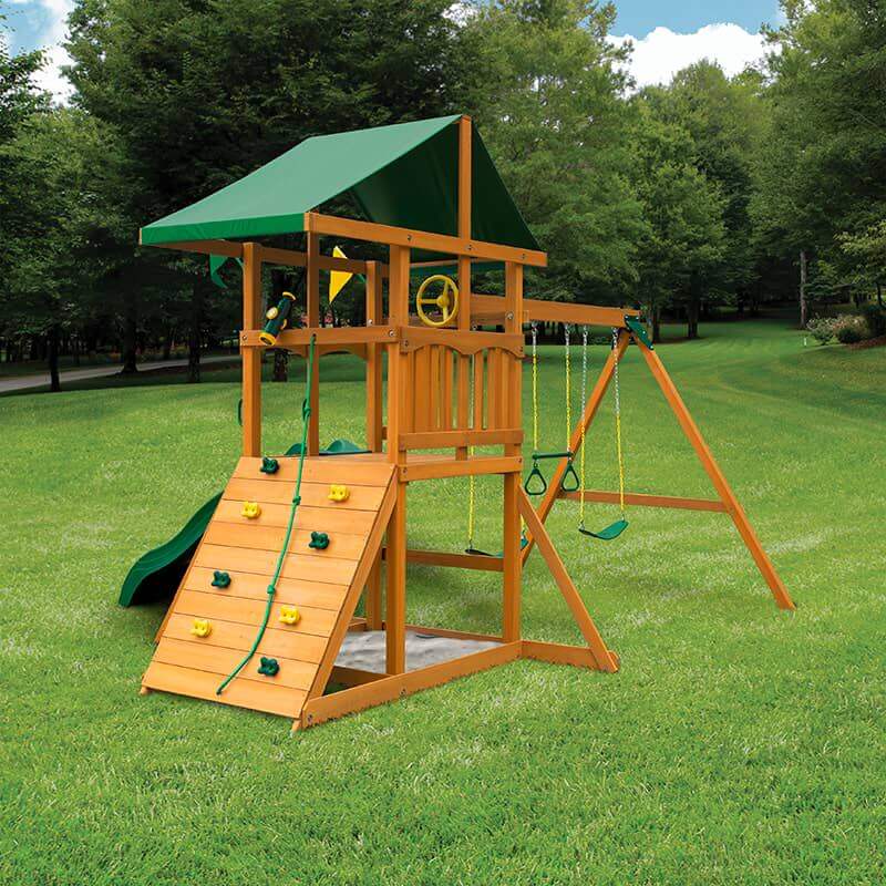 Gorilla Playsets Outing Swing Set Deluxe Green Vinyl Canopy Corner View Outdoor