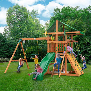 Gorilla Playsets Outing with Arm Trapeze Deluxe Green Vinyl Corner View With Kids Outdoor