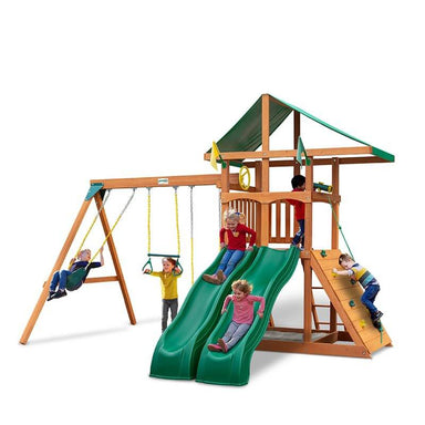 Gorilla Playsets Outing with Double Slides Deluxe Green Vinyl Canopy Corner View With Kids