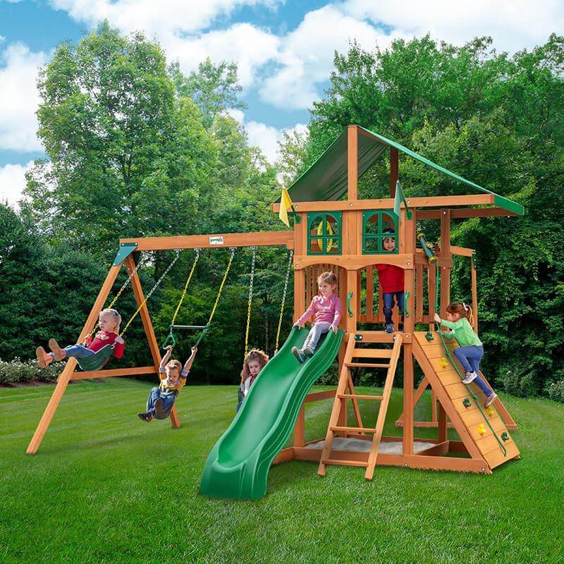 Gorilla Playsets Outing with Monkey Bars Deluxe Green Vinyl Canopy and Treehouse Corner View Outdoor