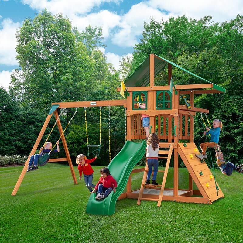 Gorilla Playsets Outing with Trapeze Arm Deluxe Green Vinyl Canopy and Treehouse Corner View With Kids Outdoor