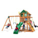 Gorilla Playsets Outing with Trapeze Arm Standard Wood Roof Corner View With Kids