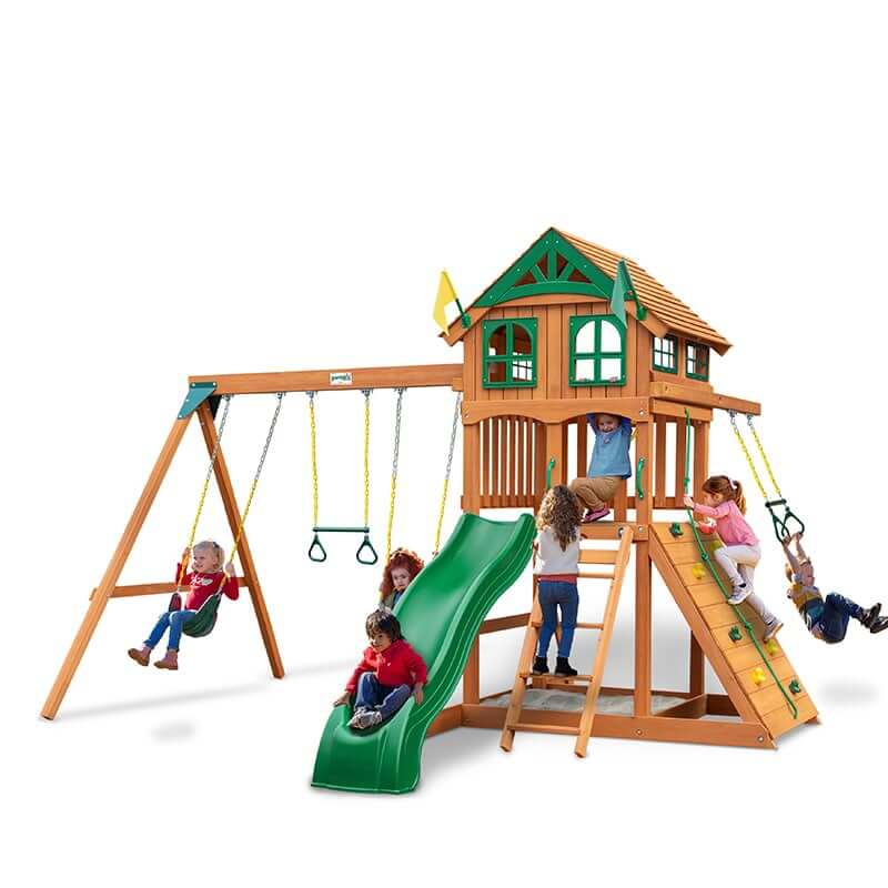 Gorilla Playsets Outing with Trapeze Arm Standard Wood Roof Corner View With Kids