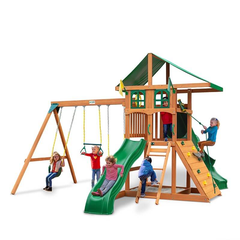 Gorilla Playsets Outing with Tube Slide Deluxe Green Vinyl Canopy and Treehouse Corner View With Kids