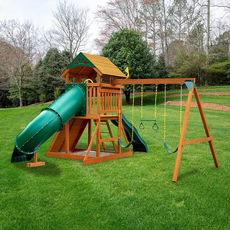 Gorilla Outing with Tube Slide swing set with standard wood roof