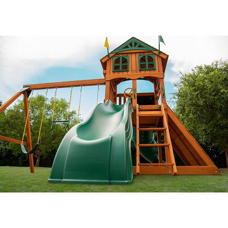 Gorilla Playsets Outing with Tube Slide Standard Wood Roof Up Close Front View