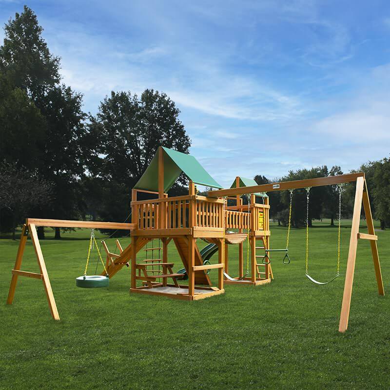 Gorilla Playsets Pioneer Peak Swing Set Deluxe Green Vinyl Canopy Front Side View Outdoor