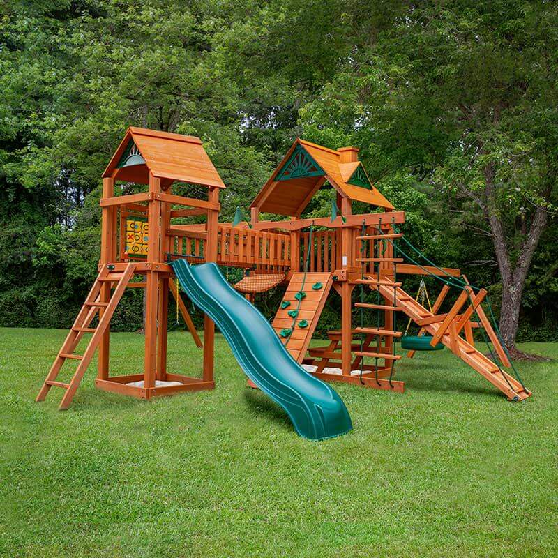 Gorilla Playsets Pioneer Peak Swing Set Standard Wood Roof Corner View Outdoor